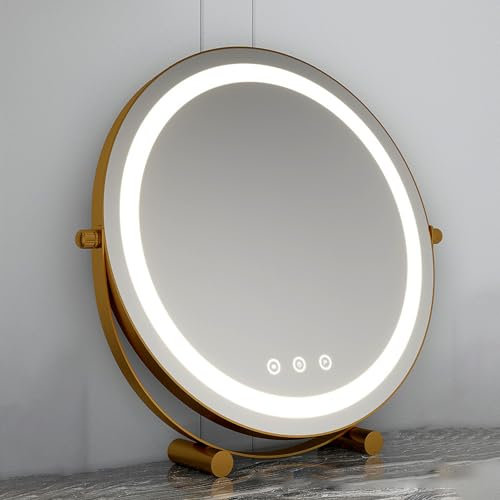 Beleuchteter goldener Kosmetikspiegel LED mit 3 verstellbaren Lichteinstellungen, runder Spiegel 30 cm
