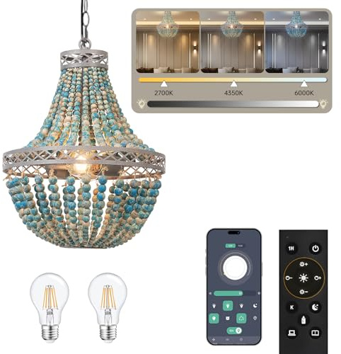 FIRVRE Deckenlampe Boho mit Fernbedienung, Holzperlen-Kronleuchter Landhausstil, Farbtemperatur und Helligkeit Einstellbar (2 Glühbirnen im Lieferumfang enthalten)