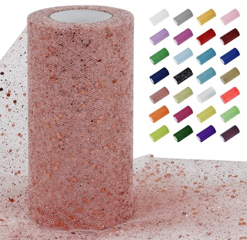 Uiopa Tulle Oro Rosa Glitter 15cm x 22m Rotolo di Tulle Tessuto Paillettes Decorativa Nastro di Rete per Gonna Tutù, Decorazione per Matrimonio/Feste, Artigianat