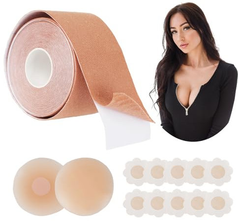 Donlala Nastro Adesivo Seno - Boob Tape - Set di Nastro Reggiseno Adesivo per Push up, Adatto per A-G, con 1 Nastro Seno, 5 Petali di Seno in Raso, 2 Copricapezzoli in Silicone Invisibile