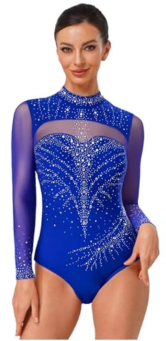 Jydiazi Damen Turnanzug Langarm Glitzer Strass Gymnastik Tanz Trikot Mit Durchsichtige Mesh Eislaufen Ballett Leotard A_Königsblau M