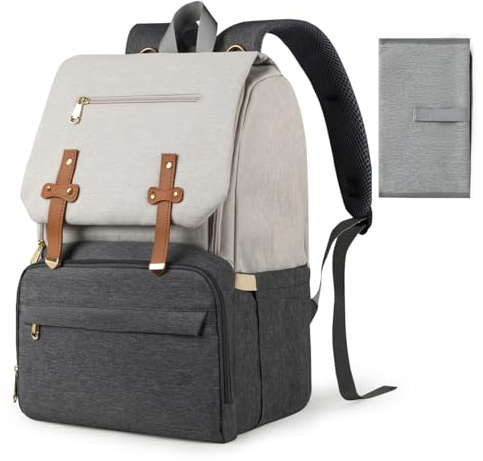 Outplea Wickeltasche Rucksack, Großer Lässig Wickelrucksack mit Wickelunterlage und Isolierten Fächern, Wasserdicht Babytasche Multifunktional Kliniktasche Geburt für Mama, Weiß-Grau