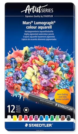 STAEDTLER akvarellpennor – 12 högkvalitativa konstnärspennor i metallask – Sexkantig design, 3,6 mm stift, färgstarka & ljusäkta – idealiska för akvarelltekniker