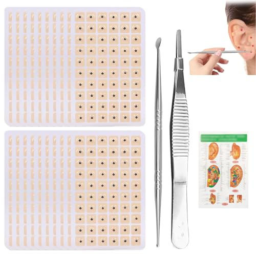 1200pcs Akupunkturpflaster Ear Seeds Acupuncture Akupunktur Sticker Ohr Meridiane Öffnen Und Körper Und Geist Entspannen mit 1 Edelstahlsonden 1 Pinzetten 1 Ohrakupunkturpunktkarten