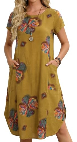 ZANZEA Womens Cotton Midi Dress Floral Summer Casual Boho Flowy Beach Dress | Short Sleeve Crew Neck Dress with Pockets,Indian A-Line Tunic Swing Flower Dresses For Lounge Travel Vocation