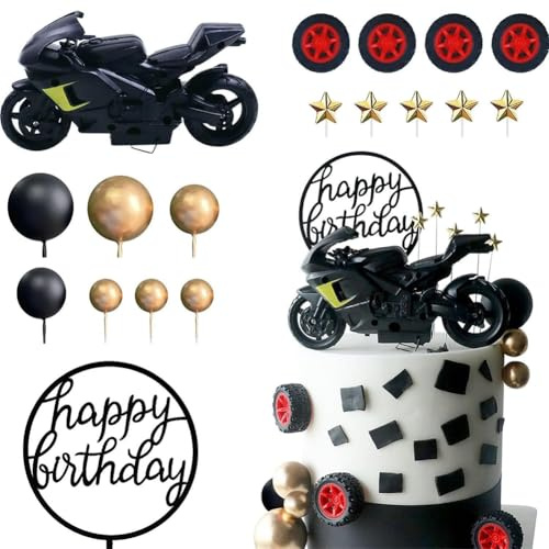 Motorcycle Cake Decorations Set 18 PCS Racing Motorbike Cake Toppers with Motorcycle Model Happy Birthday Wheel Star Cake Toppers Motorbike Cake Decoration for Boys Birthday Party