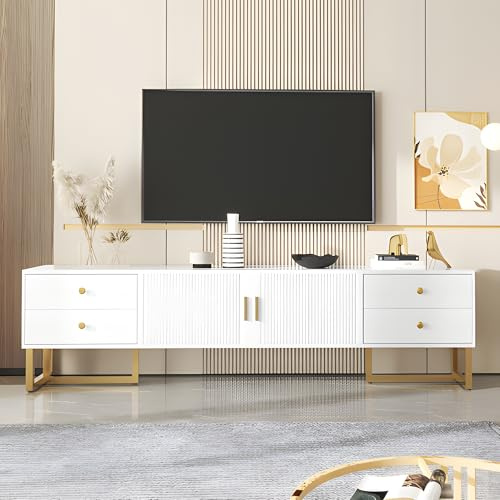 Raeln TV Lowboard 175 cm Modern Fernsehschrank mit strukturierten Türen und 4 Schubladen Anrichte Goldene Füße Phonomöbel für Wohnzimmer Fernseher bis 75 Zoll