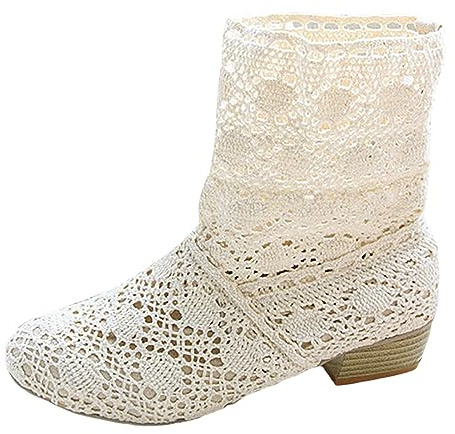 2026 Stivaletti da donna con dettaglio in pizzo comodo tacco basso elegante slip on stivali corti per un aspetto alla moda quotidiano, bianco, 37 EU