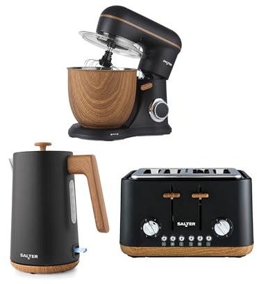 Salter Toronto Kettle, Toaster & Stand Mixer Set – 1.7L 3kW Rapid Boil Kettle. 4-Slice Toaster with Wide Slots & 6 Browning Levels, Electric Whisk with 10 Speeds & Various Accessories, Black | 3 kW rapid boil kettle, 6 browning levels with 2 control dials, 1300 W stand mixer, 10 speed settings, accessories included
