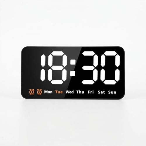 LED Wanduhr Digital Weiß, Große Anzeige, Temperatur, Datum, Doppelwecker | Wochentag Anzeige; Sprachsteuerung; dimmbar; 12/24H; Schlafzimmer; Büro; Gym; modern; geräuschlos; USB; Kalender