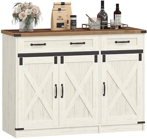 Hzuaneri Sideboard, Buffetschrank mit 2 Schublade, 3 Türen | Küchenschrank, Landhausstil, Küche, Wohnzimmer, 40 x 108 x 80 cm, Vintageweiß-honigbraun, SC85814X