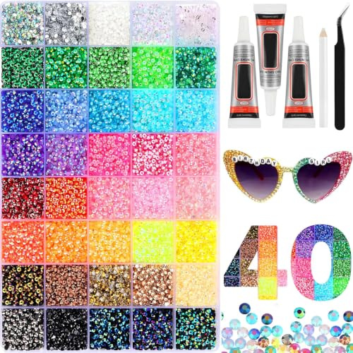30000pcs Nail Art Rhinestones, 40 Colors Bedazzling Kit with Glue | 3mm Flat Back Nail Gems Bedazzle Kit with Pick Up Pen & Tweezers, Suitable for Nail Art Face Painting DIY Crafts Clothes