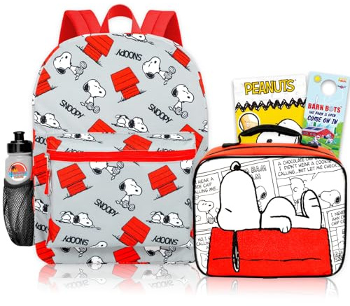 Snoopy Rucksack mit Lunchbox – Paket mit 40,6 cm Peanuts Rucksack plus Lunchtasche, Wasserflasche, Tattoos | Snoopy Schultasche und Lunchbox für Kinder, Jungen, Mädchen