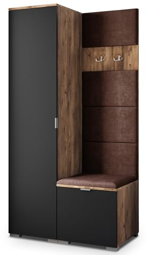 Masseno Flugarderoben Set Lori, Kleiderschrank-Set mit Sitzbank, Garderobenschrank Flur mit 3 Regalböden, Eiche Lefkas/Schwarz