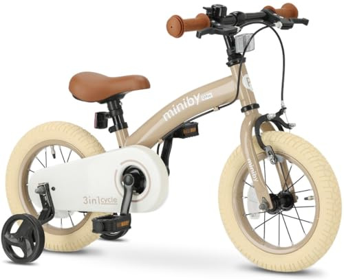 QPLAY Kinderfahrrad 14 Zoll | 3 in 1 Laufrad | Mit Verstellbarem Sattel und Lenker | Kinder Fahrrad für Jungen und Mädchen im Alter von 3 bis 6 Jahre | Mokka