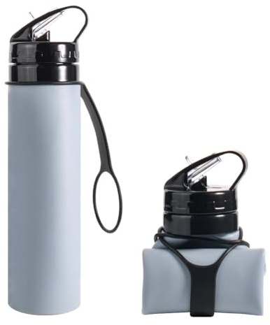 Plmvhpb Bouteille d'eau Pliable en Silicone Gris de 600 ML, Tasse d'eau de Cyclisme, Bouteille d'eau Portable Incassable en Silicone