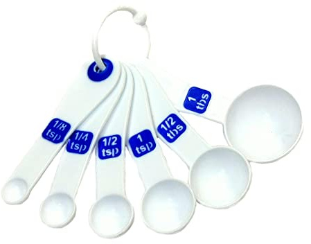 Chef Craft 21460 6-Piece Plastic Measuring Spoons, White with Blue, 4-1/2-Inch