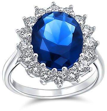 Bague de fiançailles ovale en argent sterling .925 pour femmes avec halo couronne en zircon cubique simulé saphir bleu royal 4CT style vintage.
