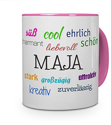 printplanet Tasse mit Namen Maja - Positive Eigenschaften von Maja - Namenstasse, Kaffeebecher, Mug, Becher, Kaffeetasse - Farbe Rosa