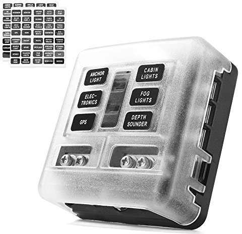 MICTUNING 6-Kreis-Flachsicherungsblock, 6-Wege-Sicherungskasten-Blockhalter mit LED-Anzeige, wasserdicht, langlebig, Schutzabdeckung, Aufkleber für Auto, Boot, Boot, SUV, Bus, U-Bahn