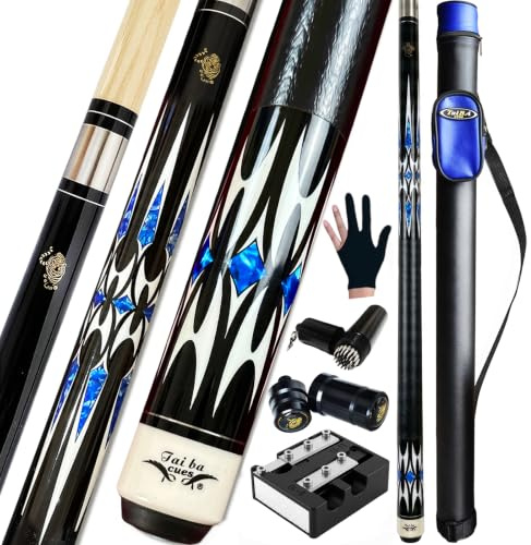 Tai ba cues Billard-Queuestab + Hartschalenkoffer, 13 mm Spitze, 147,3 cm, Hartholz, kanadischer Ahorn, professioneller Billard-Queue-Stick 18,19,20,21,22 g (wählbar), Blau, Schwarz, Rot, Grau, Grün