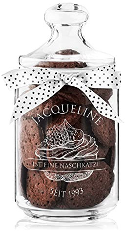 Maverton Keksglas mit Gravur - Glasbehälter mit Deckel - Bonbonglas mit eleganter Schleife - Vorratsglas personalisiert - Geschenk für Naschkatze & Hobbybäckerin Frauen - Cupcake