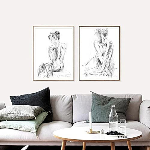 Abstrakte weibliche Kunst Leinwand Malerei Schwarz und Weiß Nackte Skizze Frau Poster Hd Print Schlafzimmer Dekor Wandbild Dekor Ungerahmt-40x50cmx2