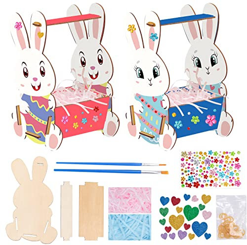 SUNYOK 5 Stück Osterhase Korb Bastelset Holz Osterkörbchen Osternester Kinder Basteln Osterkörbe zum Befüllen Kaninchen Bastelset mit Füllmaterial Pinsel für Kinder DIY Ostern Basteln