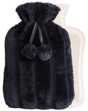 Luxury Large 2L Rubber Hot Water Bottle with Warm Knitted Fleece Faux Fur Cover. Luxury Cosy Cover, Premium Fluffy or Extra Warmth (Black)