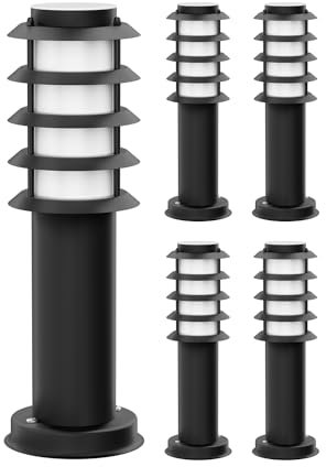 ledscom.de 5 Stück Pollerleuchte PORU für außen, IP44, Gitter, 39cm, schwarz, inkl. E27 Lampe 471lm, extra-warmweiß