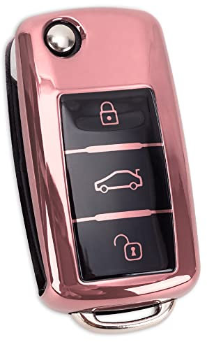 Autoschlüssel Hülle für VW Golf Skoda Seat Schlüsselhülle Cover 3-Tasten TPU Auto Schlüssel Cover (Rosa)