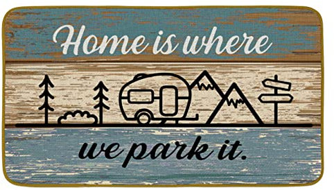 Burosev Camper Themed Decorative Doormat, Camping Floor Mat, Rustic Home is Where We Park It Farmhouse Decor for Home Indoor Outdoor Front Porch Door Mat (17 x 30 Inch)