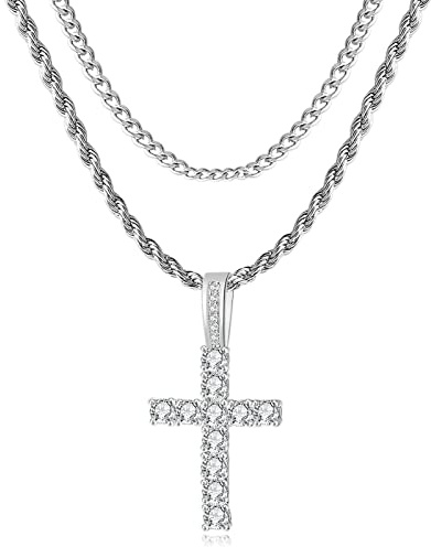 GEMOSA Silver Cross Necklace for Men, Cuban Link Layered Rope Chain