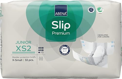 Abena Slip Premium Junior Windeln, Größe 7/XS2, 40-60 cm, Taillenumfang 5–15, 4 x 32 Stück, verbesserter Auslaufschutz, Eco-Label, sichere und bequeme Windelhose für Kinder