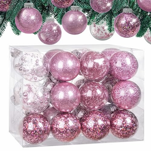 CASARIA® 24 Clear Fillable Baubles Balls with Decorations Filling Included | Customisable Bauble Set for Tree, Christmas Decorations, Halloween Decorations | Best Christmas Tree | Gold Rose Pink Red