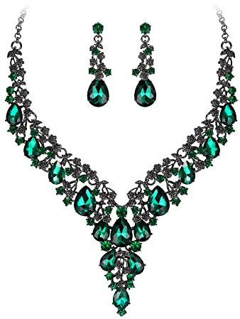 Clearine Hochzeit Schmuck-Set Tropfen Strass Cluster Statement Halskette und Ohrhänger-Set Kostümschmuck für Damen Smaragdgrüner Schwarzton