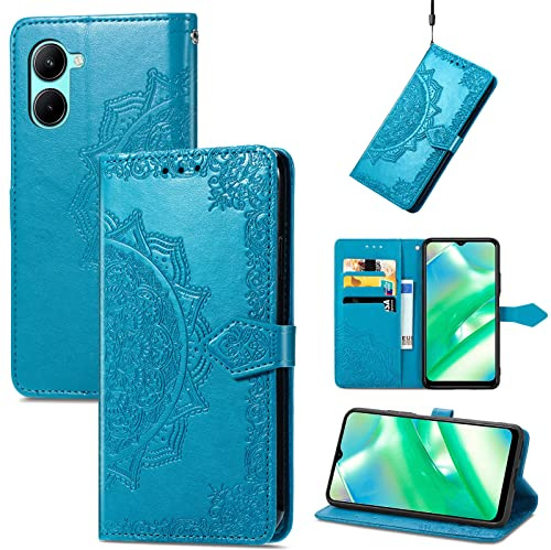 Fertuo Funda para Realme C33, Carcasa Libro con Tapa de Cuero Piel con Ranuras de Tarjeta, Soporte, Cierre Magnético [Mandala] Wallet Case Flip Cover para Realme C33, Azul