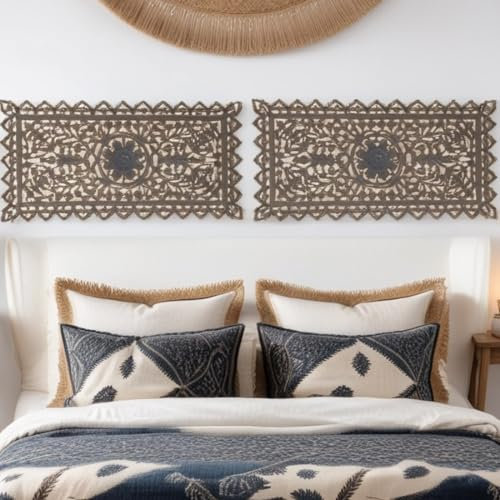 MARRAKESCH Lot de 2 tableaux muraux décoratifs en bois 90 cm Grand ornement Bodhi Décoration orientale Shabby Gris