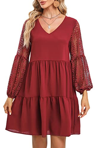 Spring Summer Womens Dresses Swing Short A Line Mini Dress V Neck Lantern Lace Splicing Long Sleeve with Pockets Loose Casual Solid Color Dress (S, Wine Red)