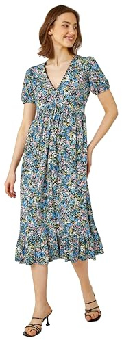 Roman Originals Animal Print Lace Trim Midi Dress for Women UK - Ladies Everyday Holiday Spring Summer V Neckline Comfy Soft Evening Vacation Work Party - Black - Size 18