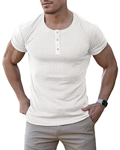 Agilelin Homme T-Shirt Manches Courtes Coton,Shirts Rib Casual,Tee Muscle Coupe Ajustée(Blanc/M)