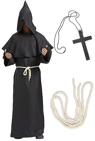 BIQIQI Mönch Robe Priester Kostüm Mönchskostüm Mittelalter Renaissance Hooded Mönch Kostüm Halloween Zauberer Kostüm mit Mantel Taillenseil und Kreuz Halskette für Erwachsene