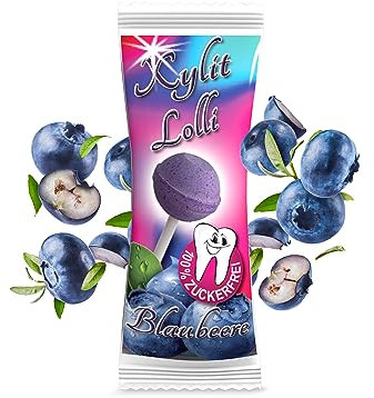 Xylit Birkenzucker Lolli Blaubeere | 25 Stk x 6g | Keine Chance für Karies: zuckerfreier Dauerlutscher | vegan & kalorienreduziert | Zahnpflege Lollipop Heidelbeer