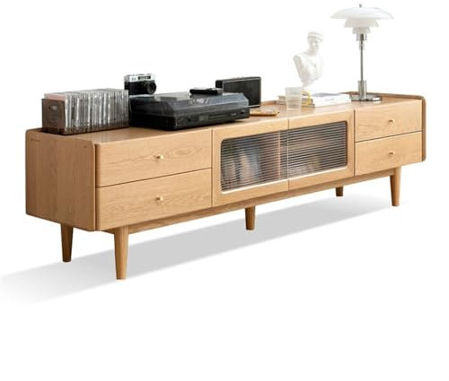 HASMI Fernsehtisch Massivholz Fernseher Stand, Ash Entertainment Center mit 2 Schubladen und 2 Glastüren, einfache Moderne Medienkonsole -Protokollmöbel for Wohnzimmer TV Board (Color : Natural)