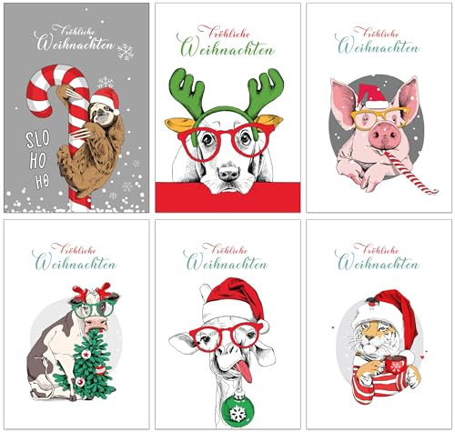 30 lustige Weihnachtskarten (Klappkarten) mit 6 verschiedenen Tiermotiven mit braunen Umschlägen aus recyceltem Kraftpapier (Weihnachten Tiere)