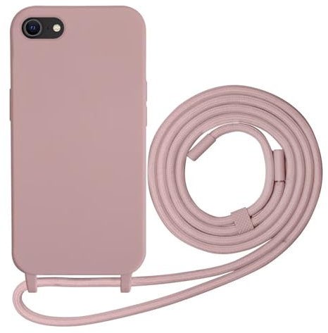 Beajew Silikon Handyhülle für iPhone 6/7/8/iPhone SE 2020/SE 2022 Hülle mit Band, Silikon Necklace Handyhülle mit Abnehmbar Kordel zum Umhängen Stossfest Bumper Handy Schutzhülle, Sand Pink