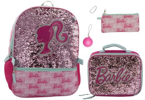 AI ACCESSORY INNOVATIONS Barbie 4 Piece Backpack Set, Sparkle & Shine with this Magic Flip Sequin School Bag for Girls with Zip Front Pocket, Pink