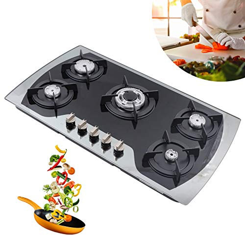 Cocina de gas de 5 zonas, cocina de gas empotrada de 35,4 pulgadas, cocina de gas autosuficiente, cocina de gas de acero inoxidable, placa de cocción de 90 x 51 cm, cocina de gas propano, cocina de