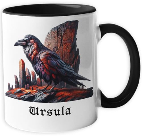 Personalisierte Wikinger Tasse | Motiv Rabe mit Runenstein | mit Namen personalisiert, Keramik Kaffeetasse Metbecher mit Wunschname 330 ml 37