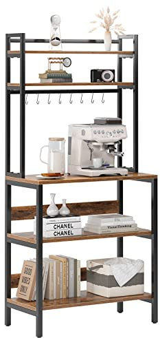 SDHYL Etagères de Rangement Polyvalent avec Plan de Travail Meuble Rangement Cuisine Industriel Station de Bar à café 170cm Support d'outil à 5 Niveaux pour Micro-Ondes, Outils de Cuisine (Marron)